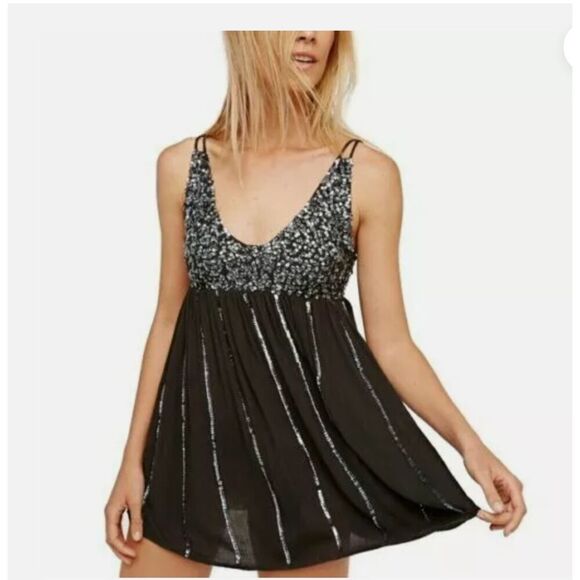Free People Glitter Mini Slip Embellished Double Strap Black Dress Size Small - Picture 1 of 5
